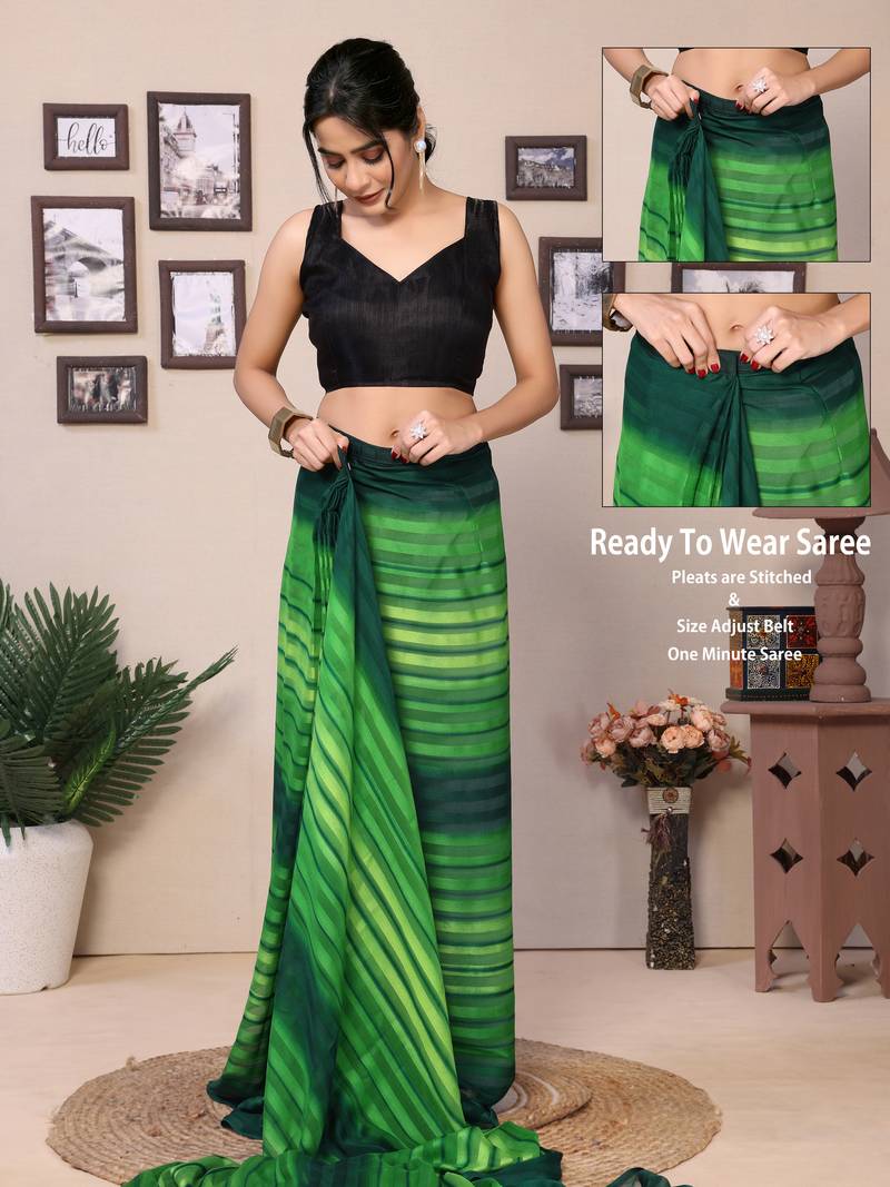 Ready To Wear Green Fancy Georgette Satin Patta Saree With Blouse