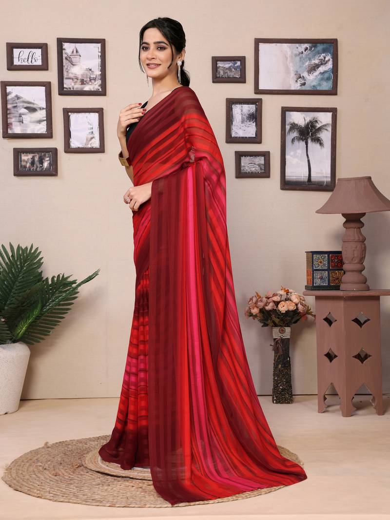 Ready To Wear Red Fancy Georgette Satin Patta Saree With Blouse