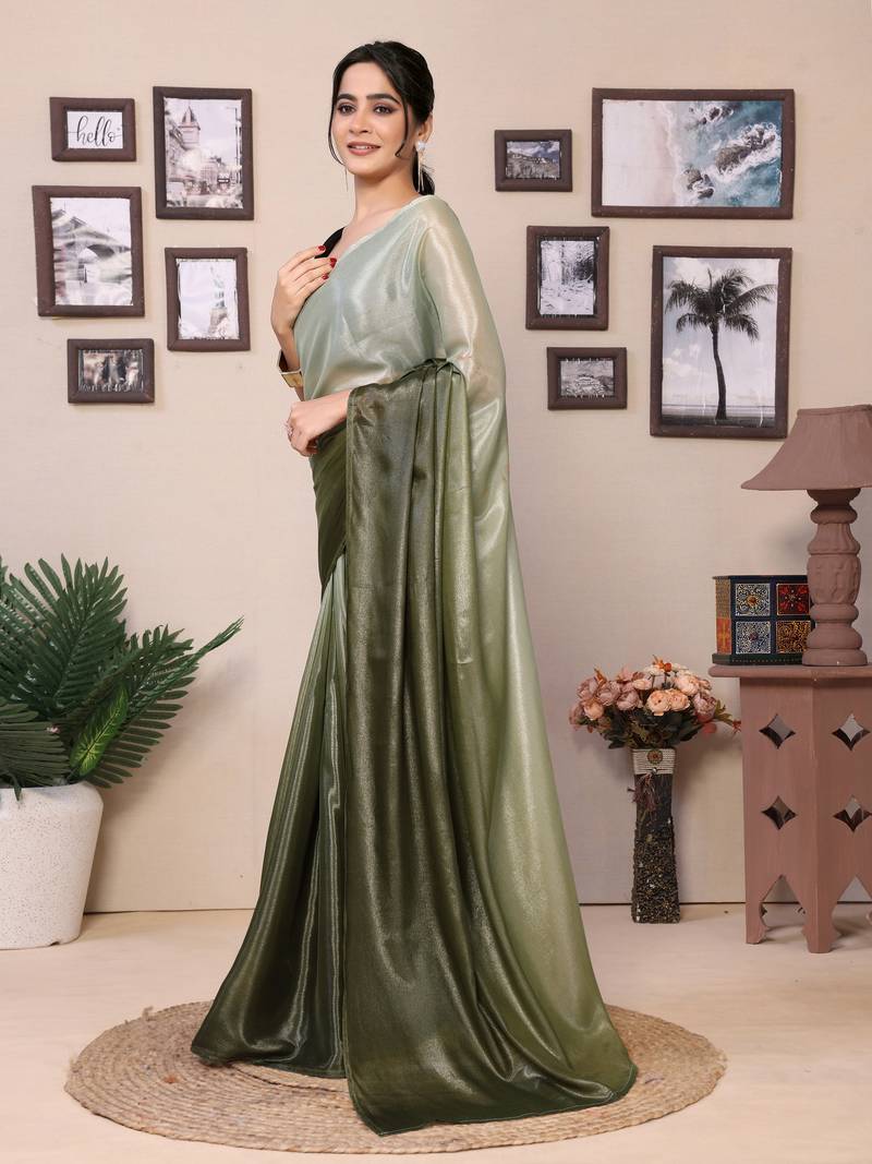 Ready To Wear Pista Fancy Chiffon Saree With Blouse