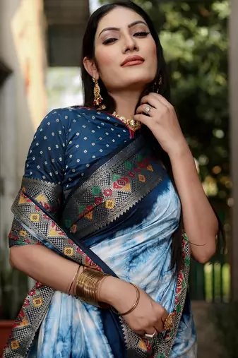 Blue Shibori Pattern art Silk Saree