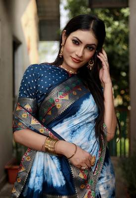 Blue Shibori Pattern art Silk Saree 3