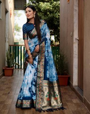 Blue Shibori Pattern art Silk Saree 1