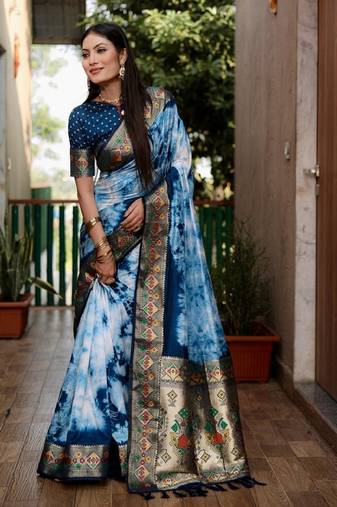 Blue Shibori Pattern art Silk Saree