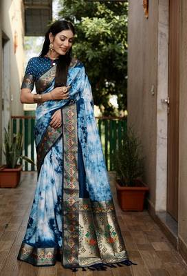 Blue Shibori Pattern art Silk Saree 4