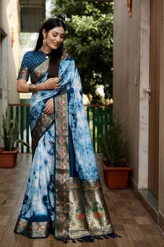Blue Shibori Pattern art Silk Saree