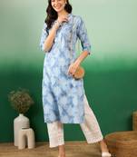 Blue printed cotton v neck kurtas and kurtis