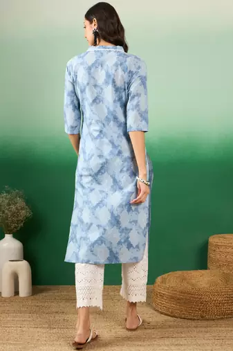 Blue printed cotton v neck kurtas and kurtis