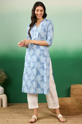 Blue printed cotton v neck kurtas and kurtis