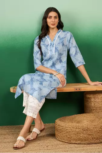 Blue printed cotton v neck kurtas and kurtis