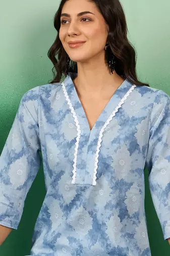 Blue printed cotton v neck kurtas and kurtis