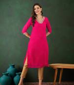 Pink embroidered georgette v neck kurtas and kurtis