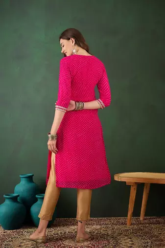 Pink embroidered georgette v neck kurtas and kurtis