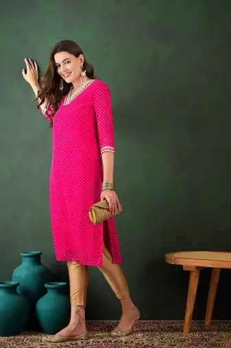 Pink embroidered georgette v neck kurtas and kurtis