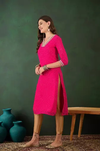 Pink embroidered georgette v neck kurtas and kurtis