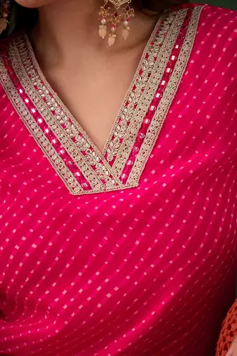 Pink embroidered georgette v neck kurtas and kurtis