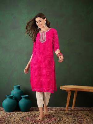 Pink embroidered georgette round neck kurtas and kurtis 1