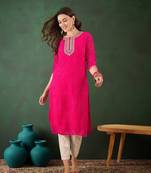 Pink embroidered georgette round neck kurtas and kurtis