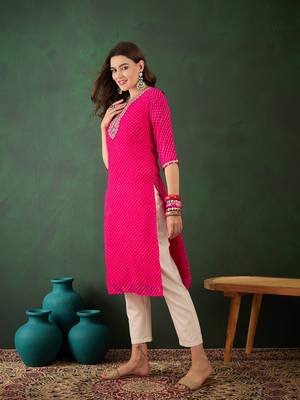 Pink embroidered georgette round neck kurtas and kurtis 3