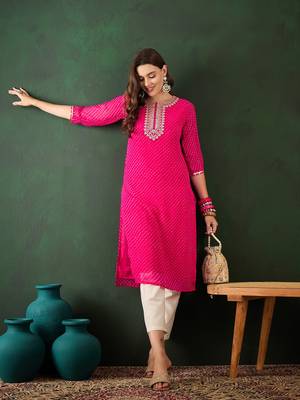 Pink embroidered georgette round neck kurtas and kurtis 4