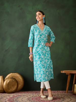 Sky blue embroidered cotton v neck kurtas and kurtis 1