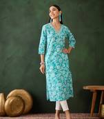 Sky blue embroidered cotton v neck kurtas and kurtis