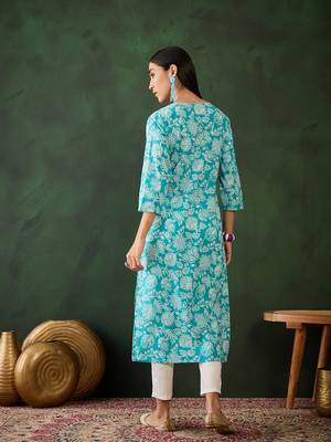 Sky blue embroidered cotton v neck kurtas and kurtis 2
