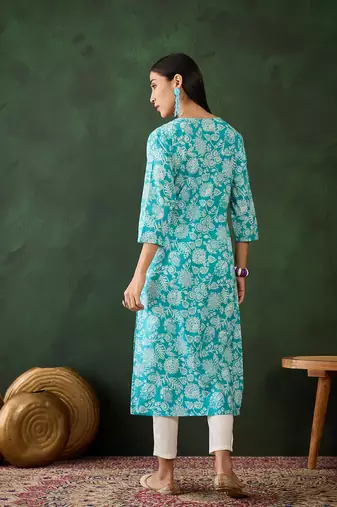 Sky blue embroidered cotton v neck kurtas and kurtis