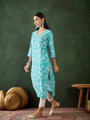 Sky blue embroidered cotton v neck kurtas and kurtis 3