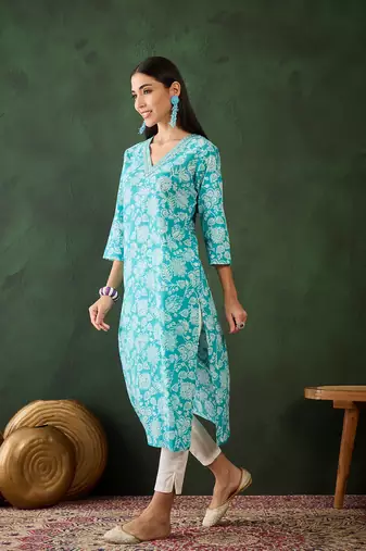 Sky blue embroidered cotton v neck kurtas and kurtis