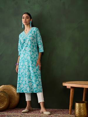 Sky blue embroidered cotton v neck kurtas and kurtis 4