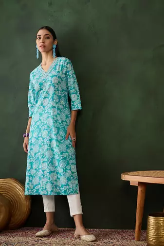 Sky blue embroidered cotton v neck kurtas and kurtis