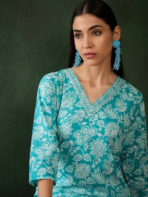 Sky blue embroidered cotton v neck kurtas and kurtis 5