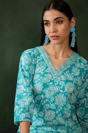 Sky blue embroidered cotton v neck kurtas and kurtis