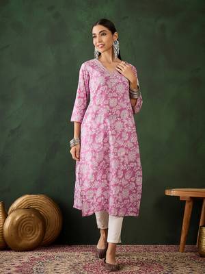 Purple embroidered cotton v neck kurtas and kurtis 1