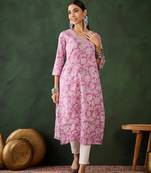 Purple embroidered cotton v neck kurtas and kurtis