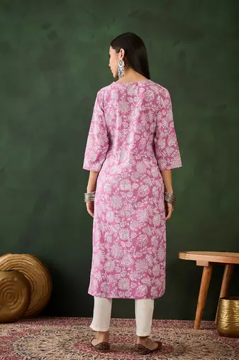 Purple embroidered cotton v neck kurtas and kurtis