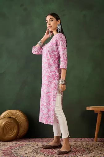 Purple embroidered cotton v neck kurtas and kurtis
