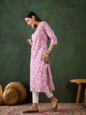 Purple embroidered cotton v neck kurtas and kurtis 4