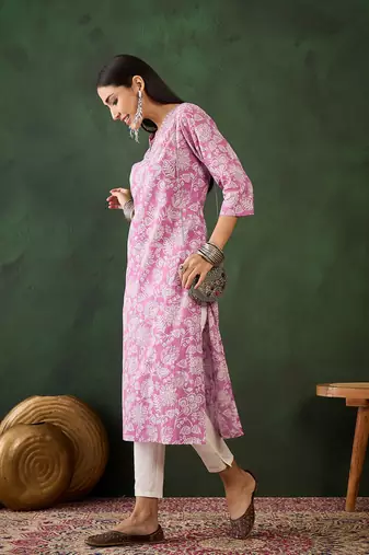 Purple embroidered cotton v neck kurtas and kurtis