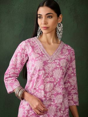 Purple embroidered cotton v neck kurtas and kurtis 5