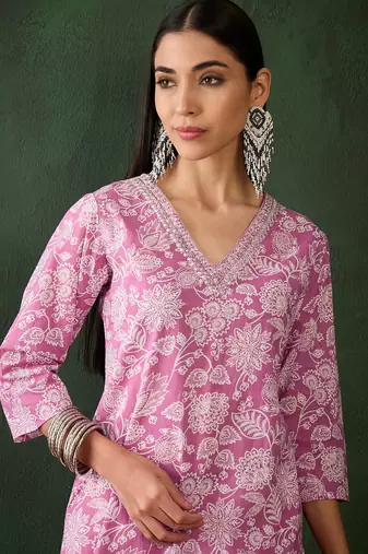 Purple embroidered cotton v neck kurtas and kurtis