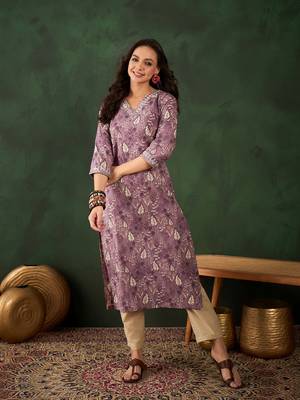 Purple embroidered cotton v neck kurtas and kurtis 1
