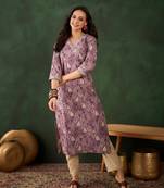 Purple embroidered cotton v neck kurtas and kurtis