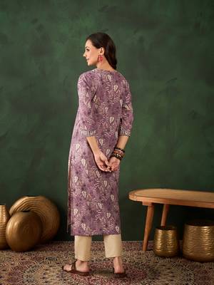 Purple embroidered cotton v neck kurtas and kurtis 2