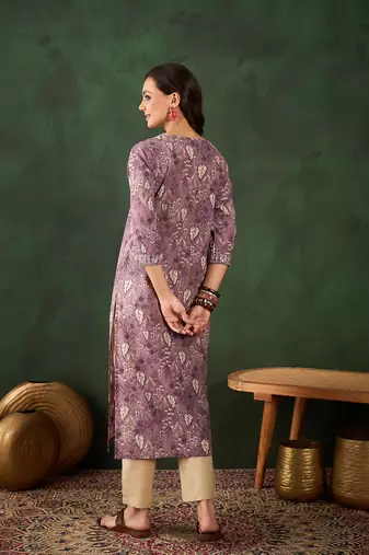 Purple embroidered cotton v neck kurtas and kurtis