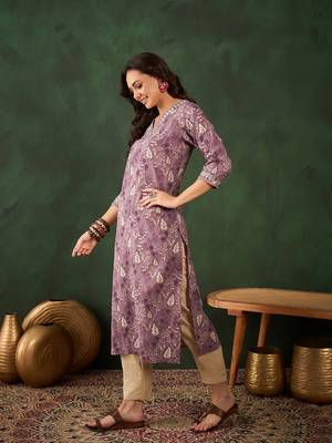 Purple embroidered cotton v neck kurtas and kurtis 3