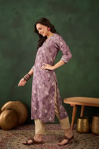 Purple embroidered cotton v neck kurtas and kurtis