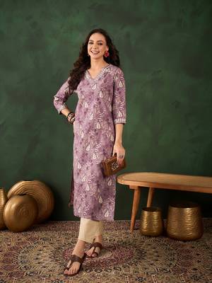 Purple embroidered cotton v neck kurtas and kurtis 4