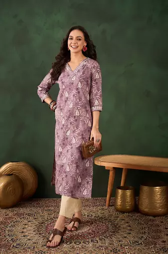 Purple embroidered cotton v neck kurtas and kurtis