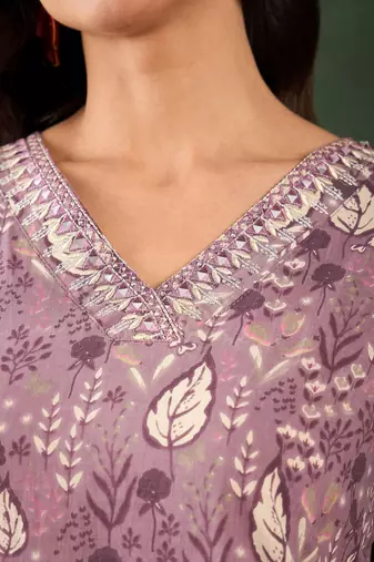 Purple embroidered cotton v neck kurtas and kurtis